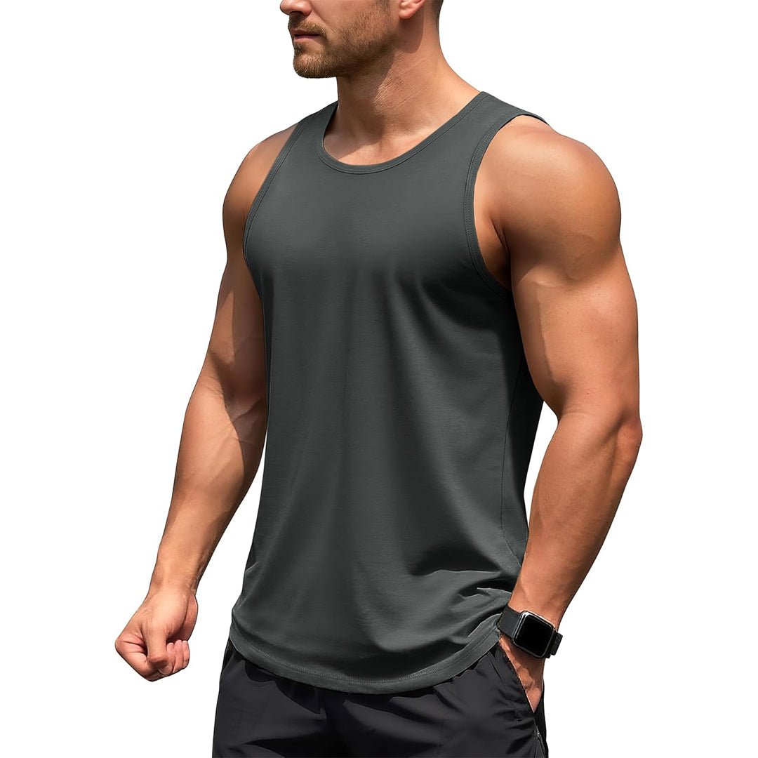Men's UPF 50+ quick dry gym tank top in neutral tone, four-way stretch athletic fit for outdoor training