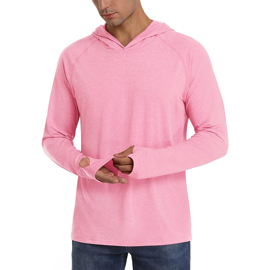 Men's UPF 50+ sun protection hoodie lightweight athletic fit with thumb holes for outdoor activities