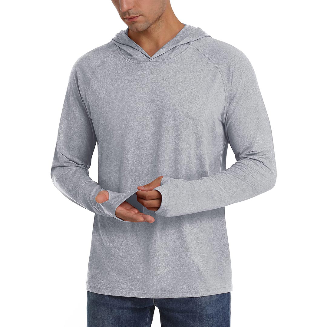 Men's UPF 50+ lightweight sun protection hoodie with thumb holes for hiking and outdoor sports