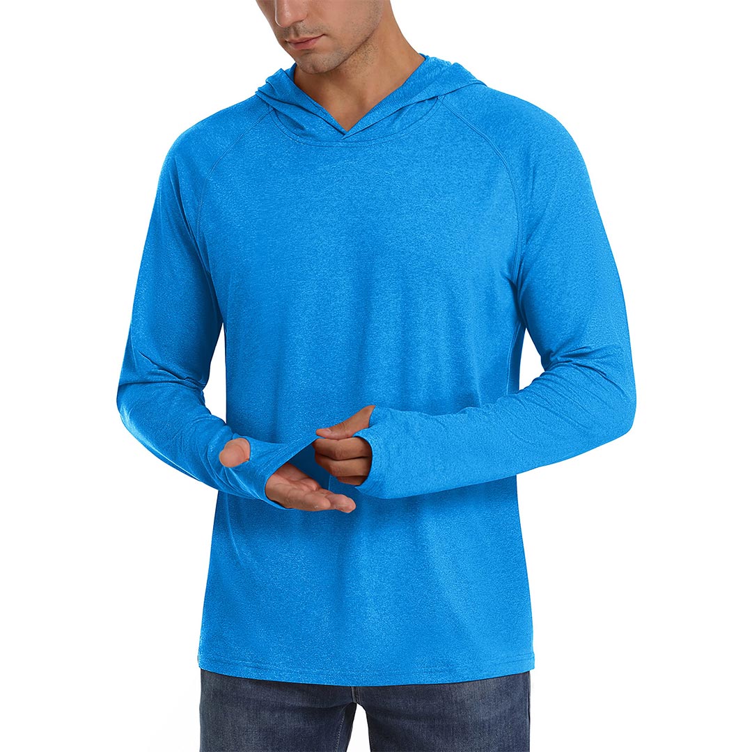 Men's UPF 50+ lightweight sun protection hoodie with thumb holes, ideal for hiking and running