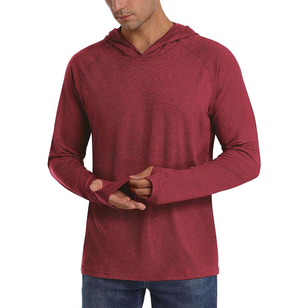 Men's UPF 50+ lightweight sun protection hoodie with thumb holes, ideal for hiking and running