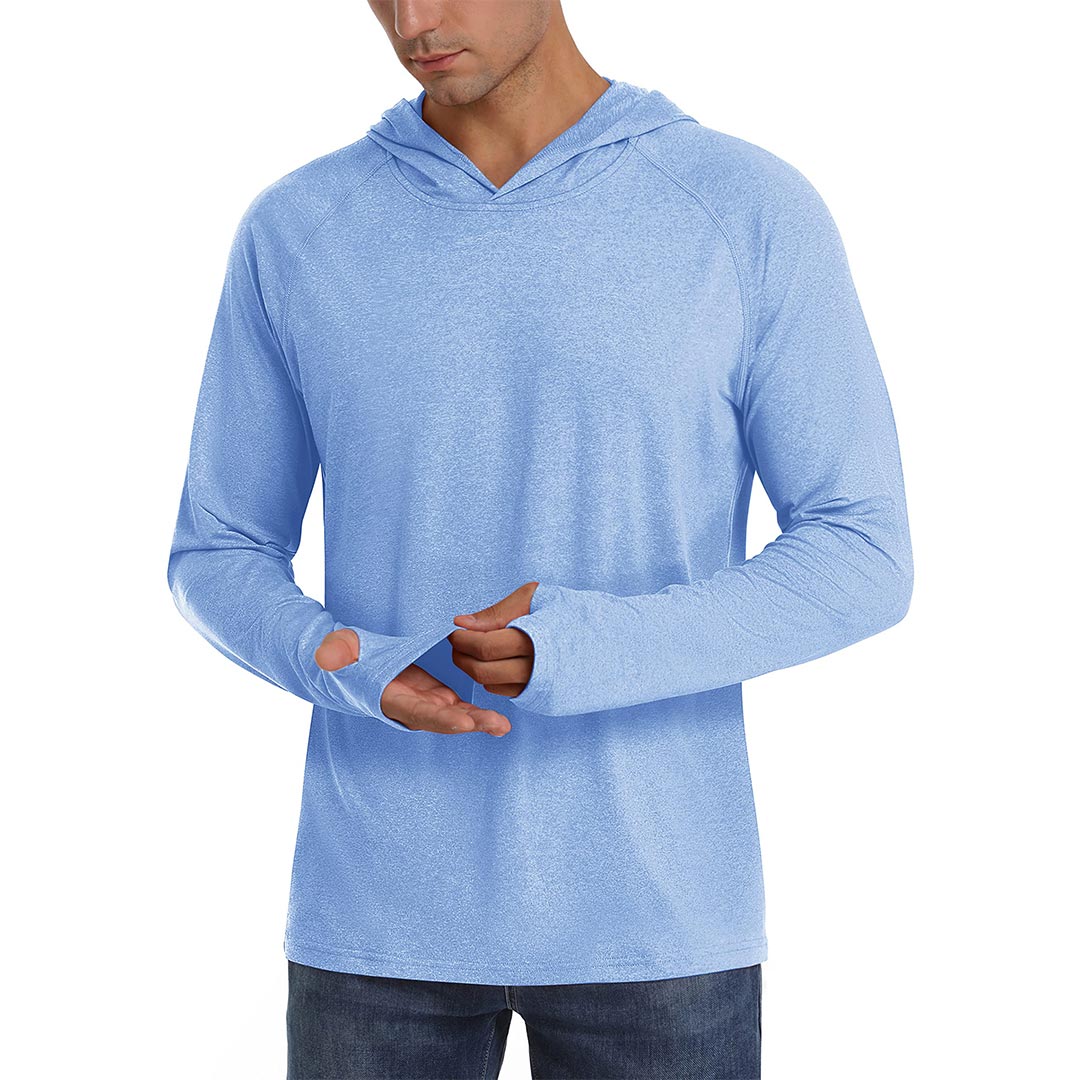 Men's UPF 50+ sun protection hoodie lightweight polyester blend with thumb holes for outdoor activities