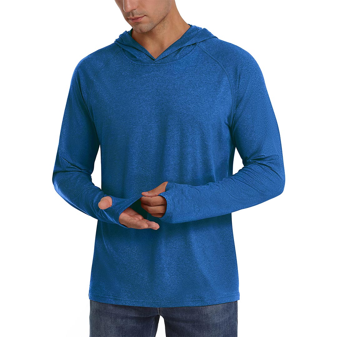 Men's UPF 50+ lightweight sun protection hoodie with thumb holes, ideal for hiking and running