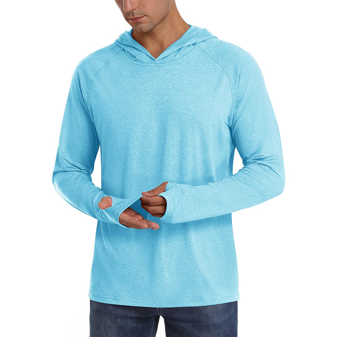 Men's UPF 50+ sun protection hoodie lightweight polyester-spandex blend with thumb holes for outdoor use