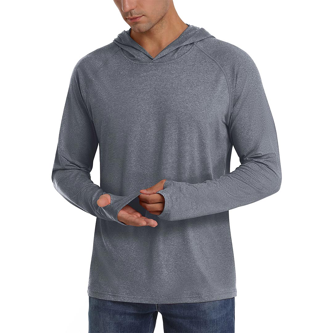 Men's UPF 50+ sun protection hoodie lightweight polyester-spandex blend with thumb holes for outdoor use