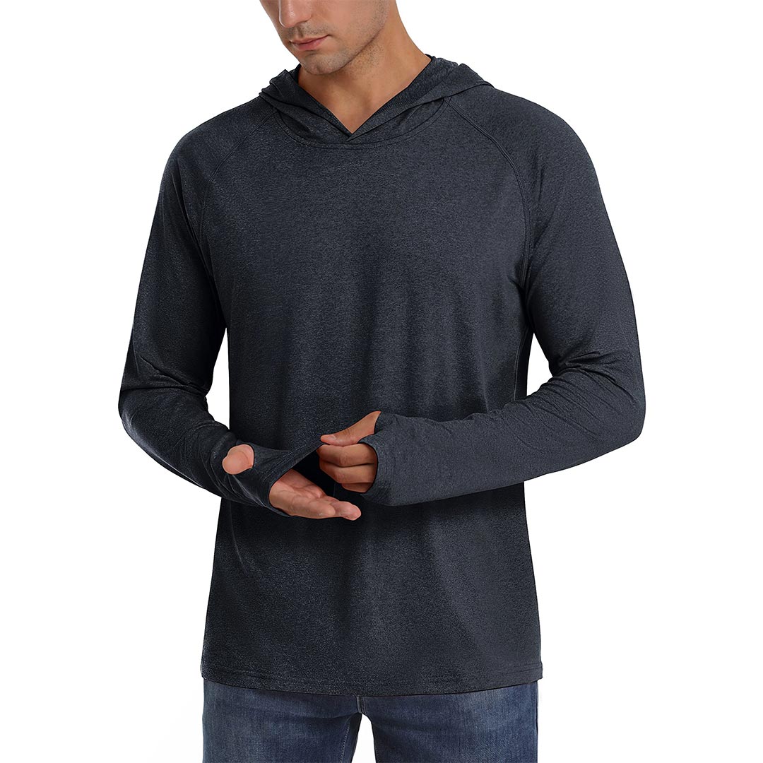 Men's UPF 50+ sun protection hoodie lightweight polyester blend with thumb holes for outdoor activities