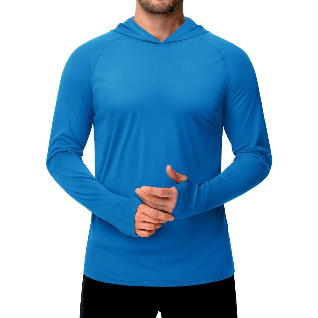 Men's UPF 50+ rash guard shirt breathable quick-dry athletic fit with sun protection hood