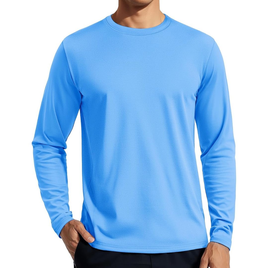 Men's UPF 80+ long sleeve rashguard sun shirt, quick-dry 4-way stretch for surfing and hiking