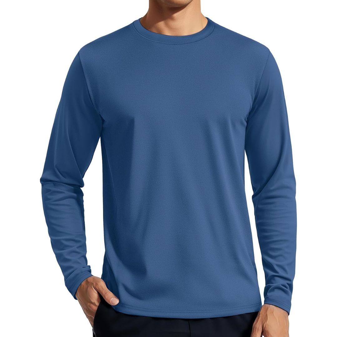 Men's UPF 80+ long sleeve rashguard sun shirt, quick-dry 4-way stretch for surfing and hiking