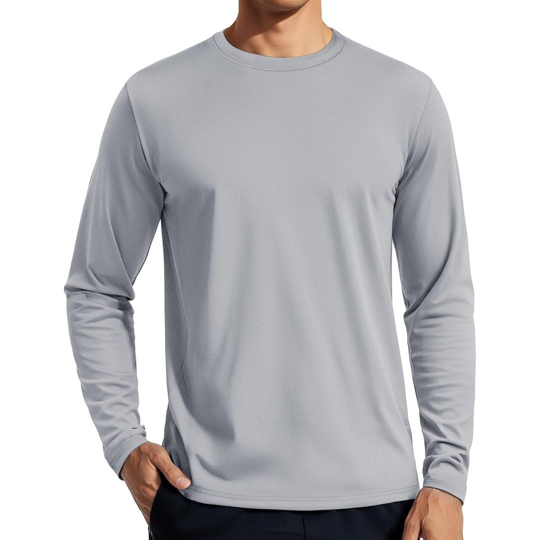 Men's UPF 80+ long sleeve rashguard sun shirt, quick-dry 4-way stretch for surfing and hiking