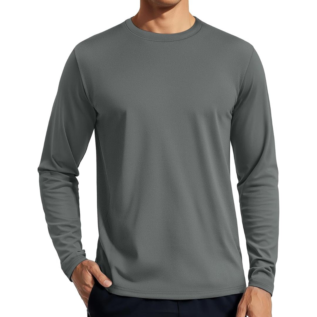 Men's UPF 80+ long sleeve rashguard sun shirt, quick-dry 4-way stretch for surfing and hiking