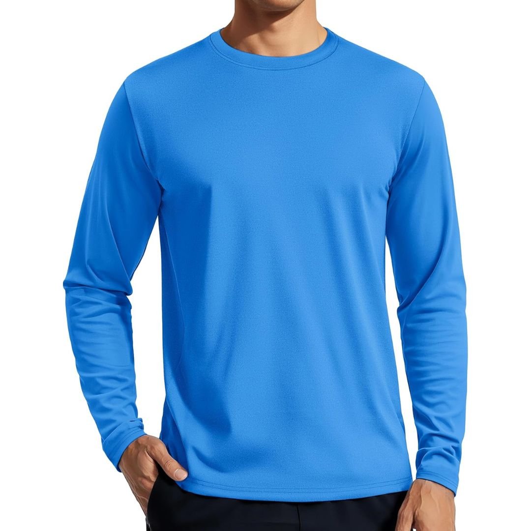 Men's UPF 80+ long sleeve rashguard sun shirt, quick-dry 4-way stretch for surfing and hiking