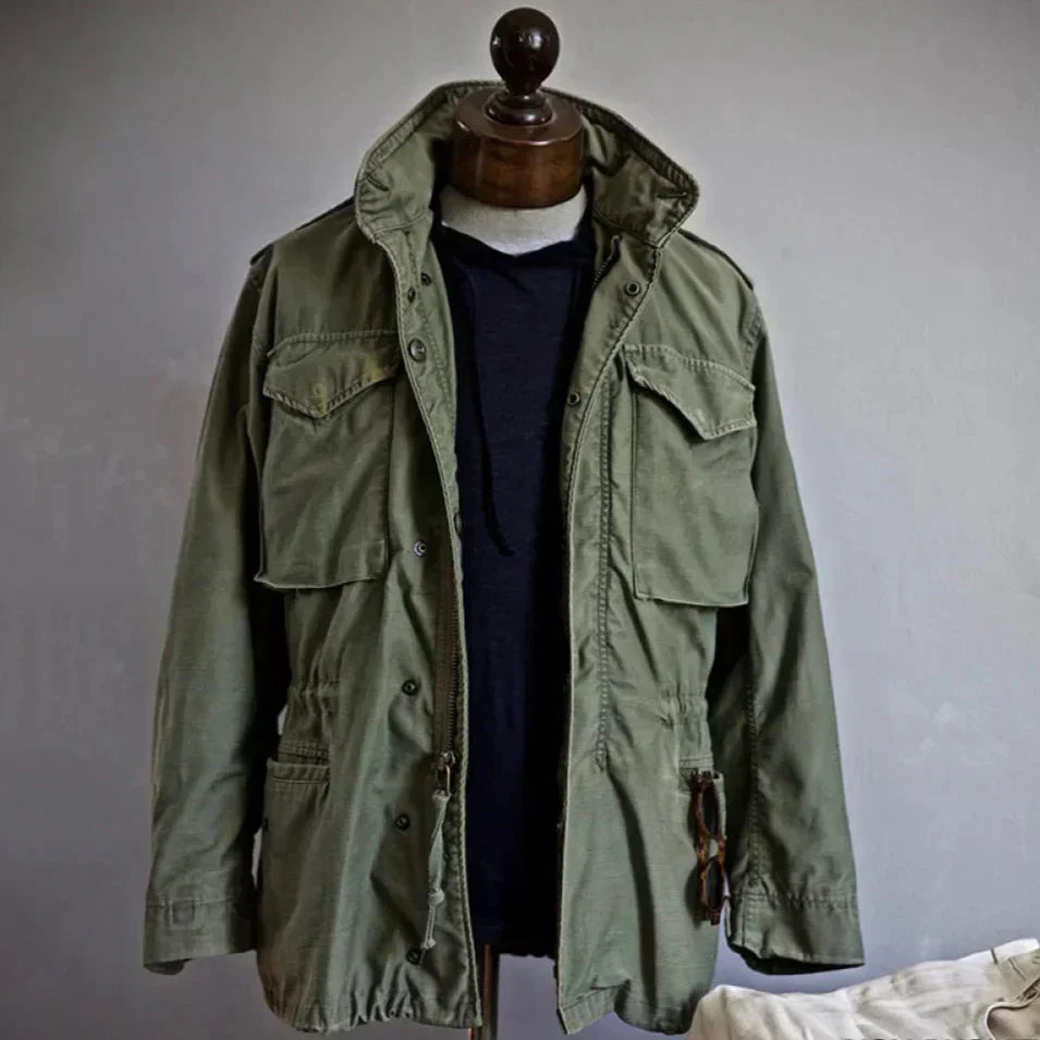 Men's vintage cotton field jacket with adjustable waist, classic outdoor style in neutral tone