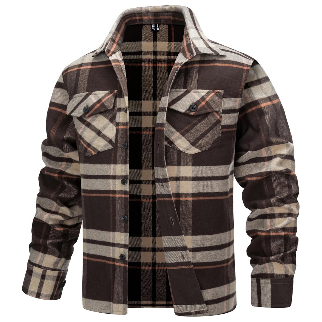 Men's warm brushed fleece flannel shirt, casual button-front with chest pockets for outdoor wear