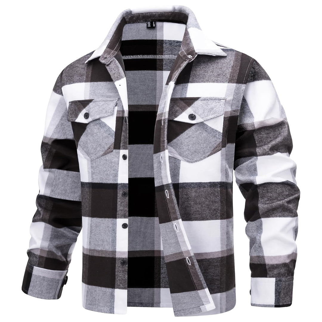 Men's warm brushed fleece flannel shirt, casual button-front with dual chest pockets for outdoor wear