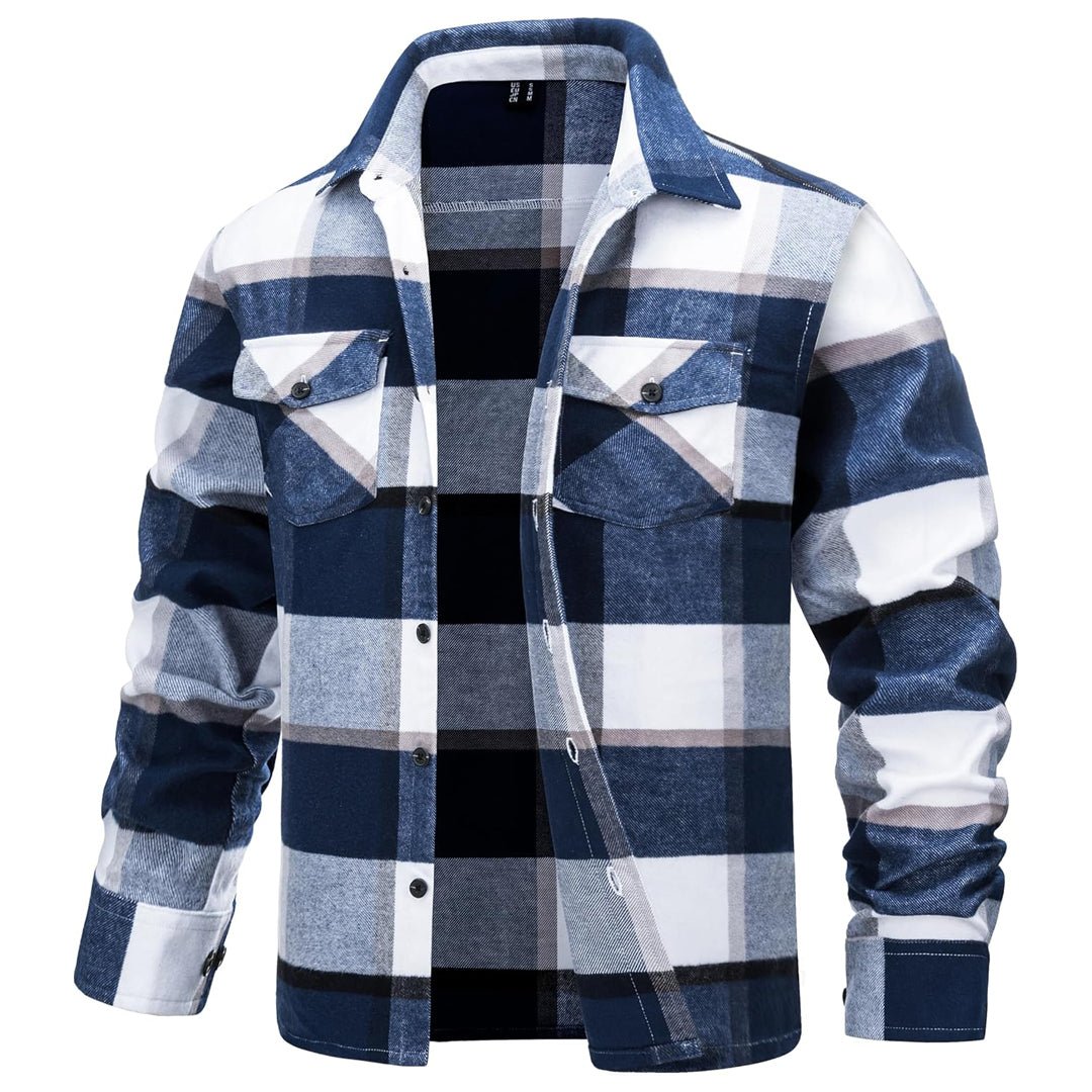 Men's warm brushed fleece flannel shirt, casual button-front with dual chest pockets for outdoor wear