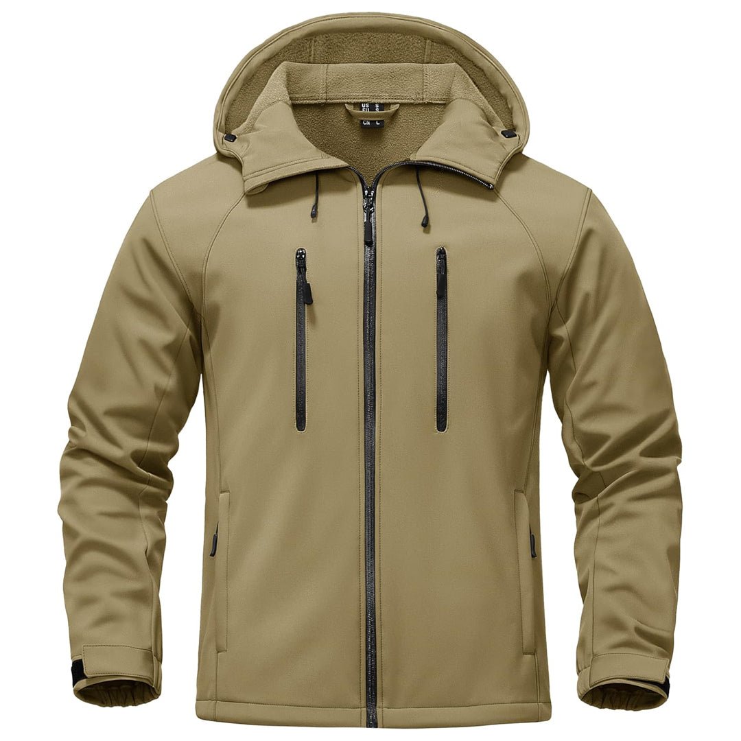 Men's dark fleece-lined softshell jacket waterproof windproof with stretch fit for outdoor use