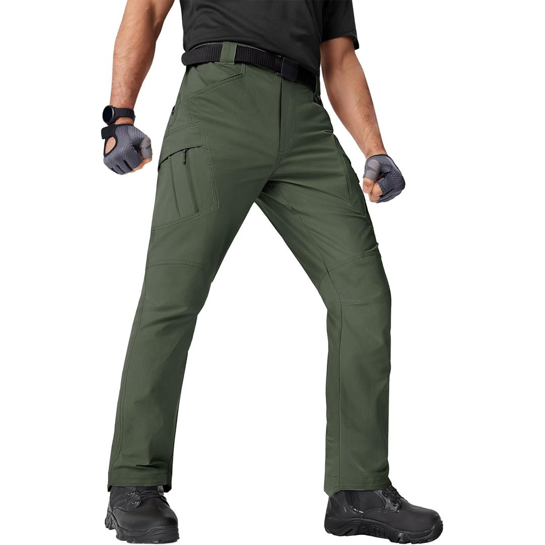 Men's lightweight nylon cargo military pants, water repellent, stretch fit, 8-pocket olive utility design
