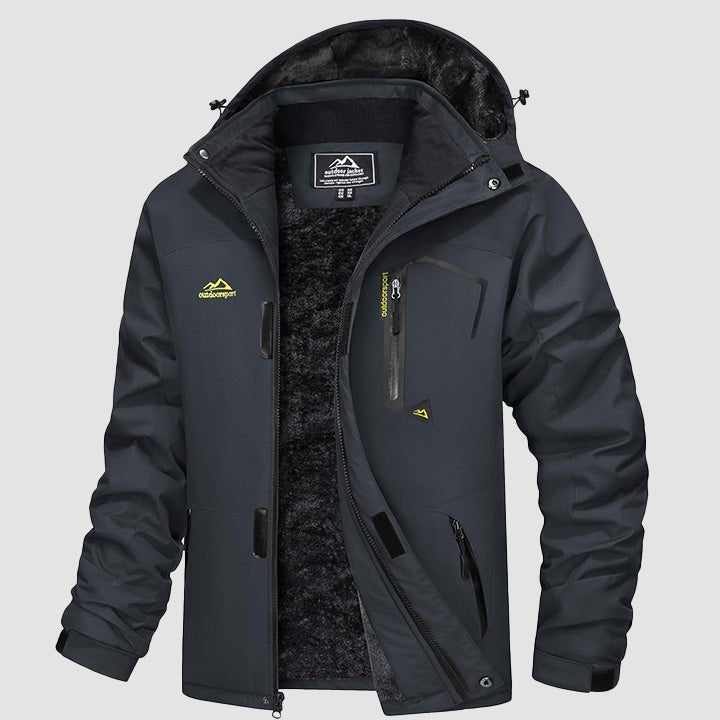 Men's water-repellent winter ski jacket with fleece lining and windproof storm hood, navy blue