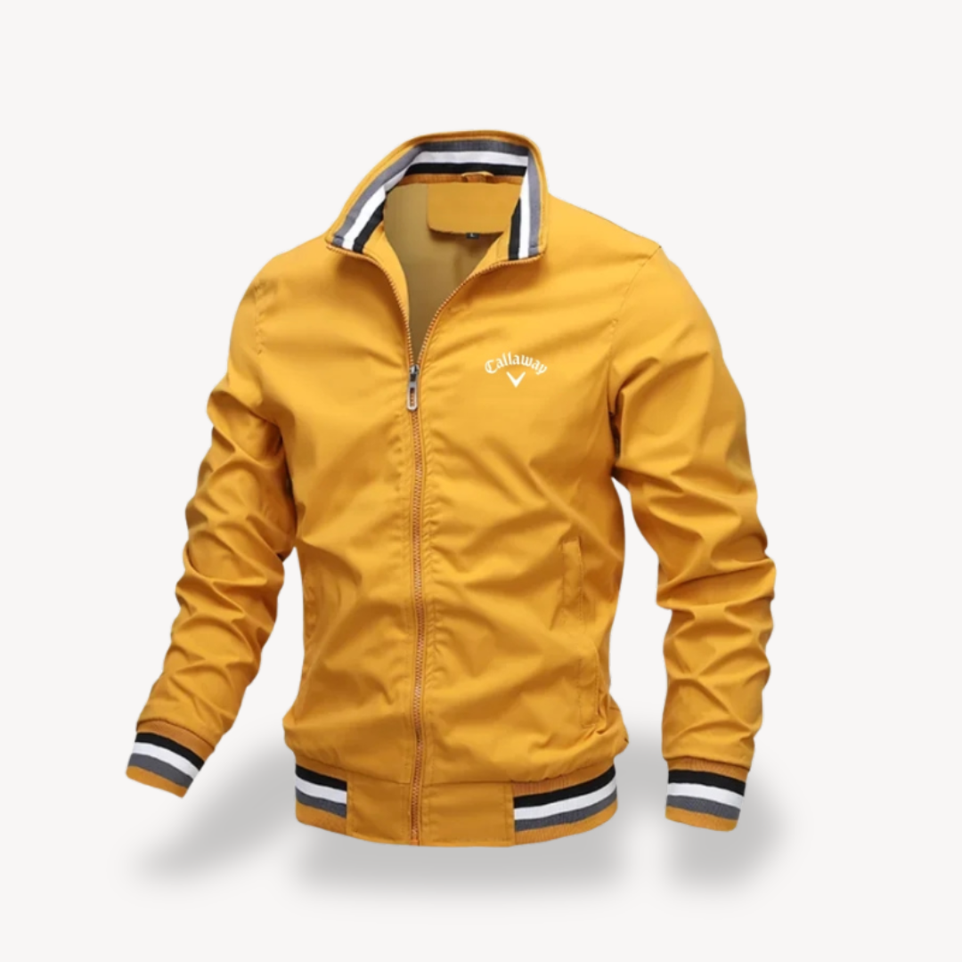 Men's lightweight water-resistant golf windbreaker jacket, slim athletic cut with weather-protective polyester fabric