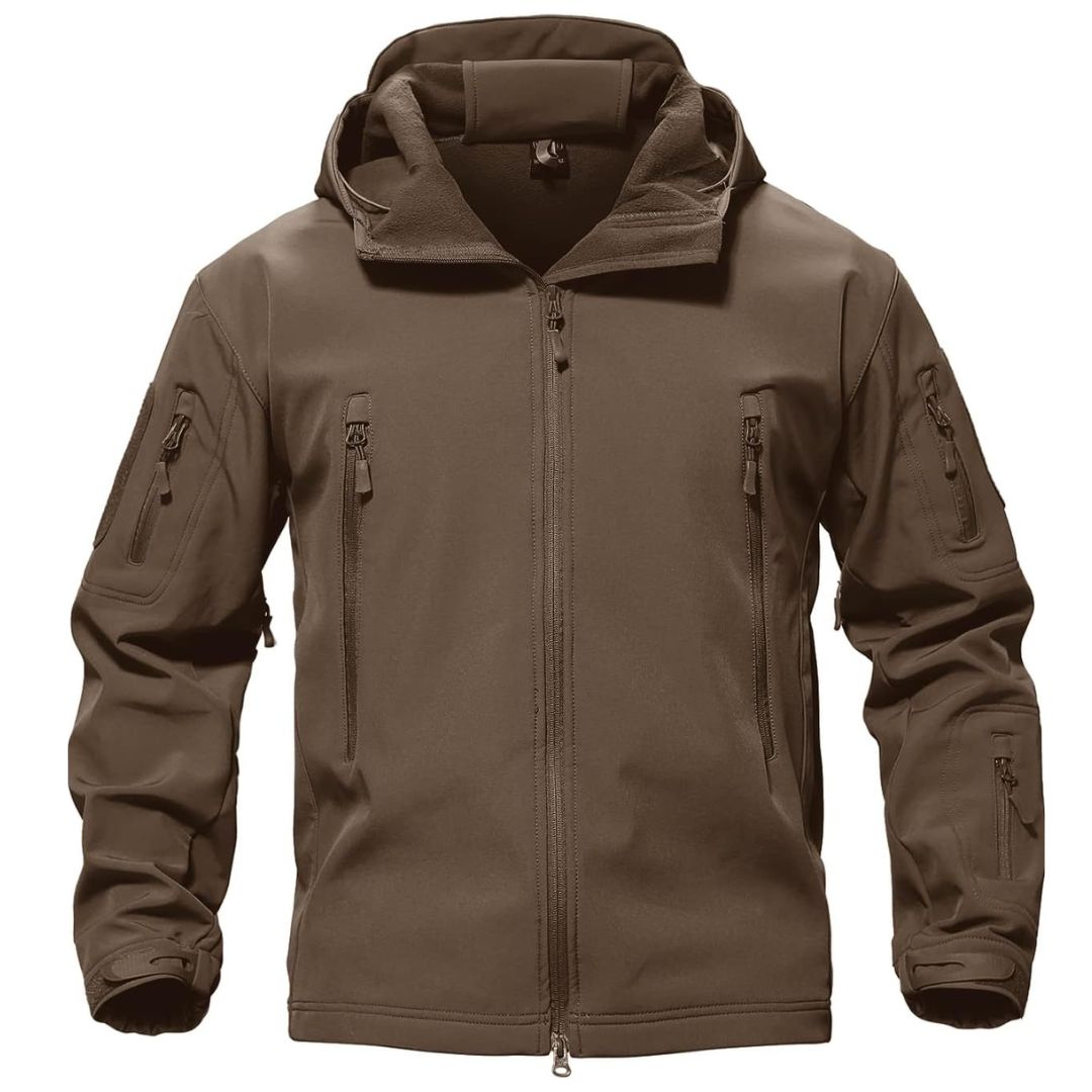 Men's water-resistant tactical soft shell coat with fleece lining, windbreaker style, multi-pocket outdoor jacket