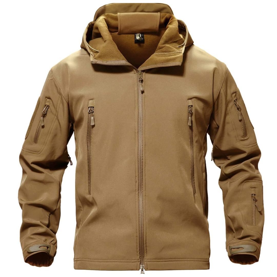 Men's water-resistant tactical softshell coat with fleece lining, windbreaker style, multi-pocket outdoor jacket