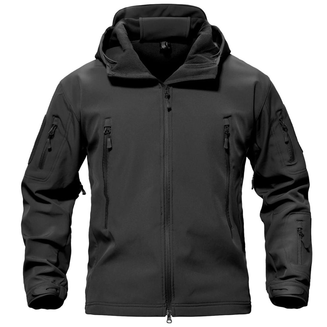 Men's tactical softshell coat water-resistant fleece-lined windbreaker with multi-pocket design for outdoor use