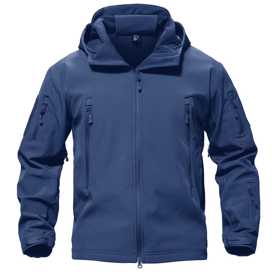 Men's water-resistant tactical soft shell coat with fleece lining, windbreaker style, multi-pocket outdoor jacket