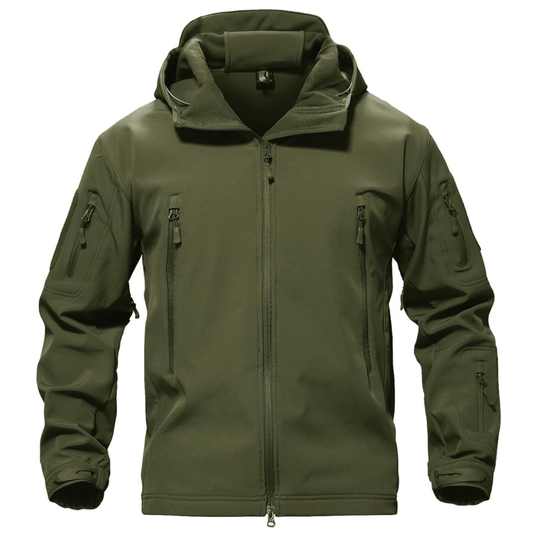 Men's olive tactical softshell coat with fleece lining, water-resistant windbreaker for outdoor use