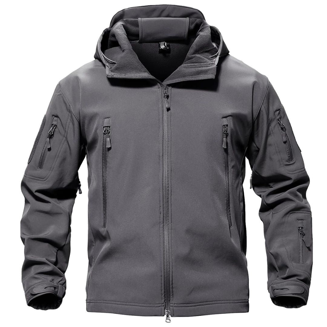 Men's water-resistant tactical soft shell coat with fleece lining, lightweight windbreaker for outdoor use