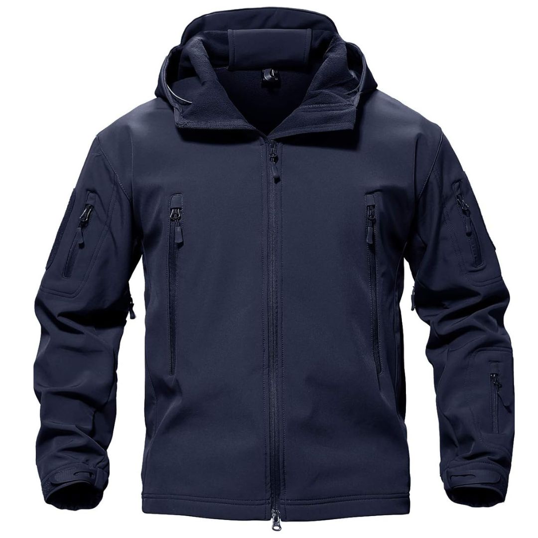 Men's tactical soft shell coat with fleece lining, water resistant, slim fit, multiple utility pockets