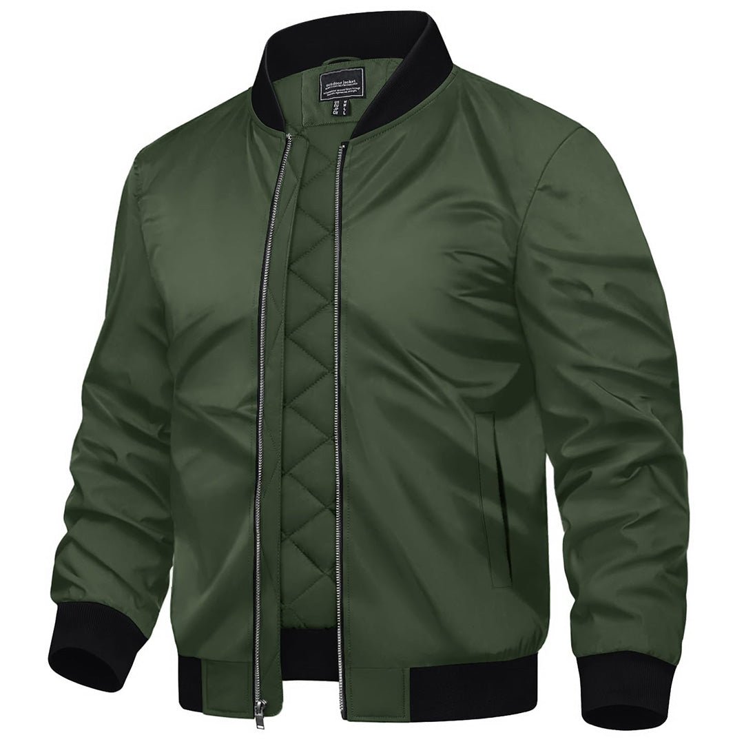 Men's water-resistant windproof bomber jacket in neutral tone, slim street-style fit with cold-weather insulation