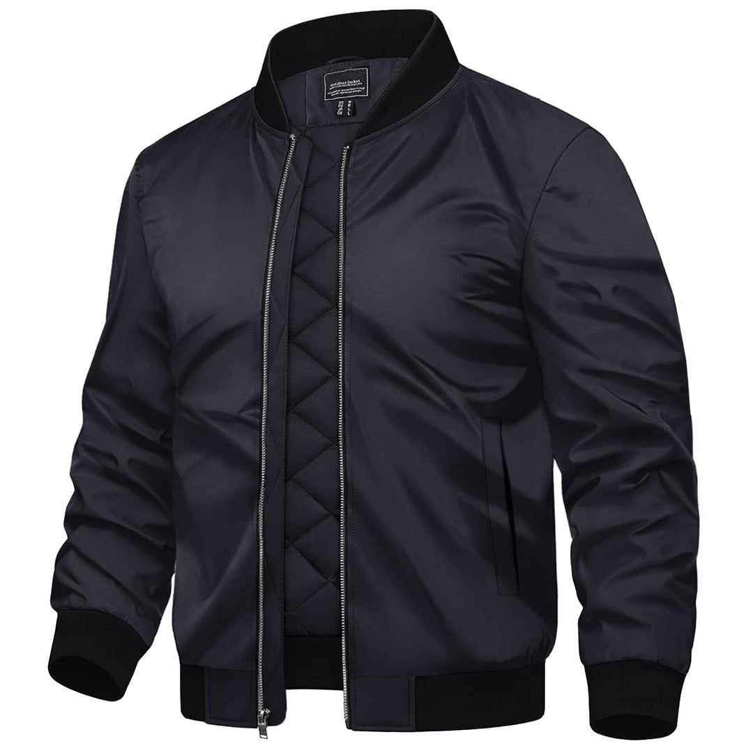 Men's water-resistant windproof bomber jacket in neutral tone, slim street-style cut with cold weather insulation
