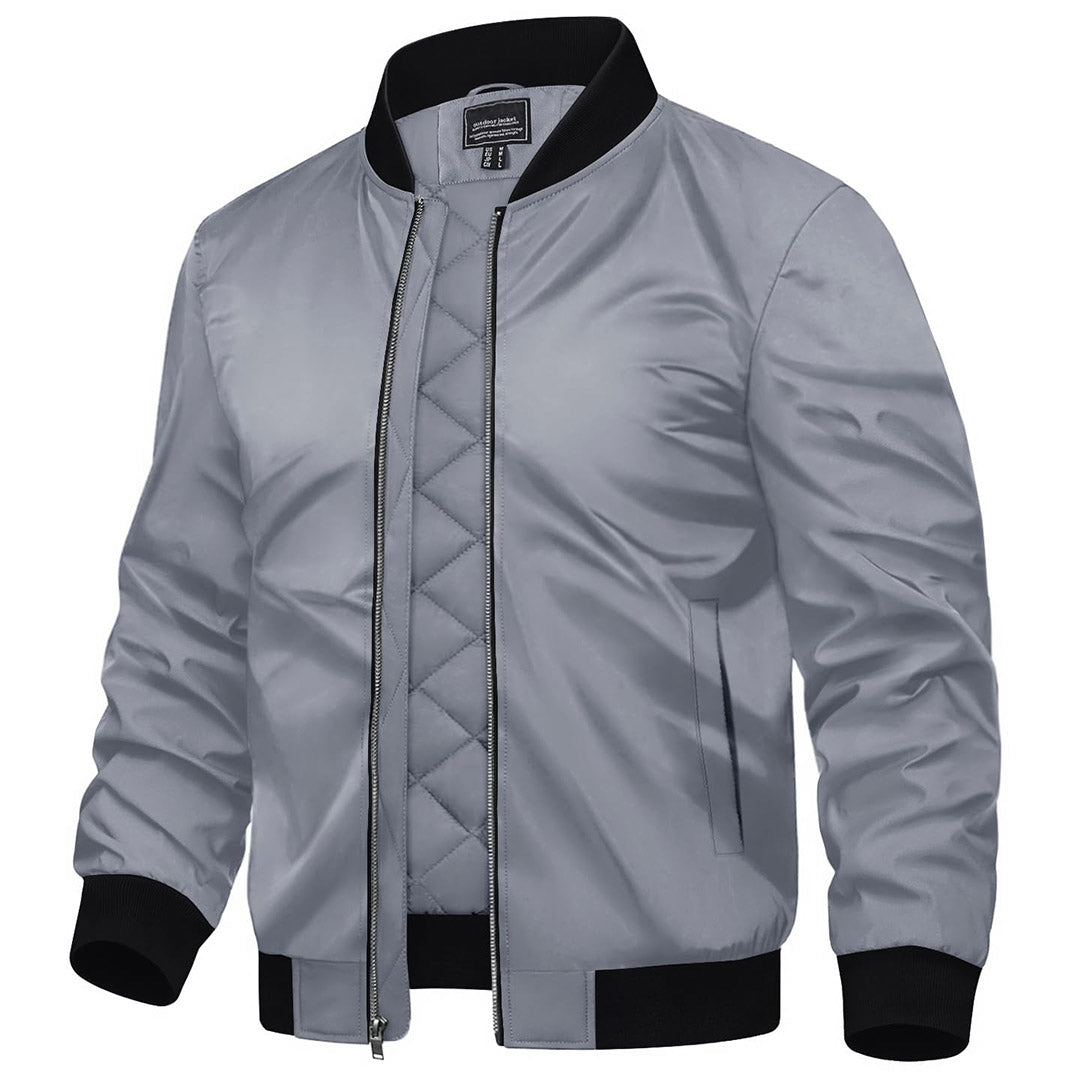 Men's water-resistant windproof bomber jacket in neutral tones, slim street-style cut with insulated cold-weather shell