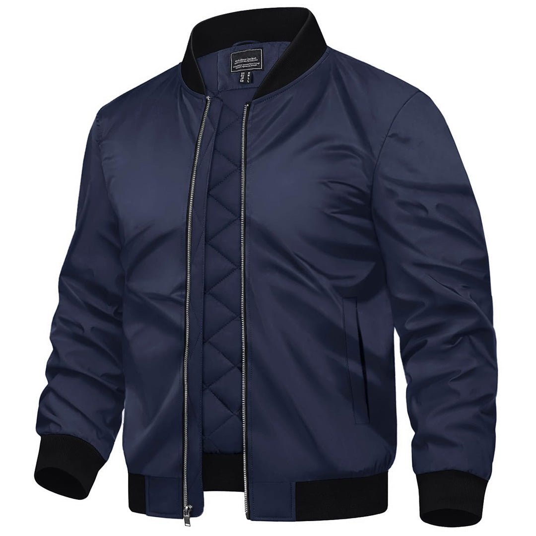 Men's water-resistant windproof bomber jacket in neutral tone, slim street-style cut with cold-weather lining