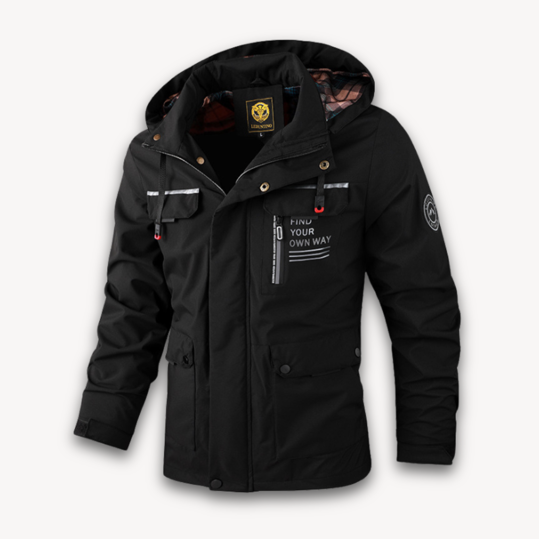 Men's lightweight waterproof hooded jacket breathable polyester shell detachable hood for outdoor adventures