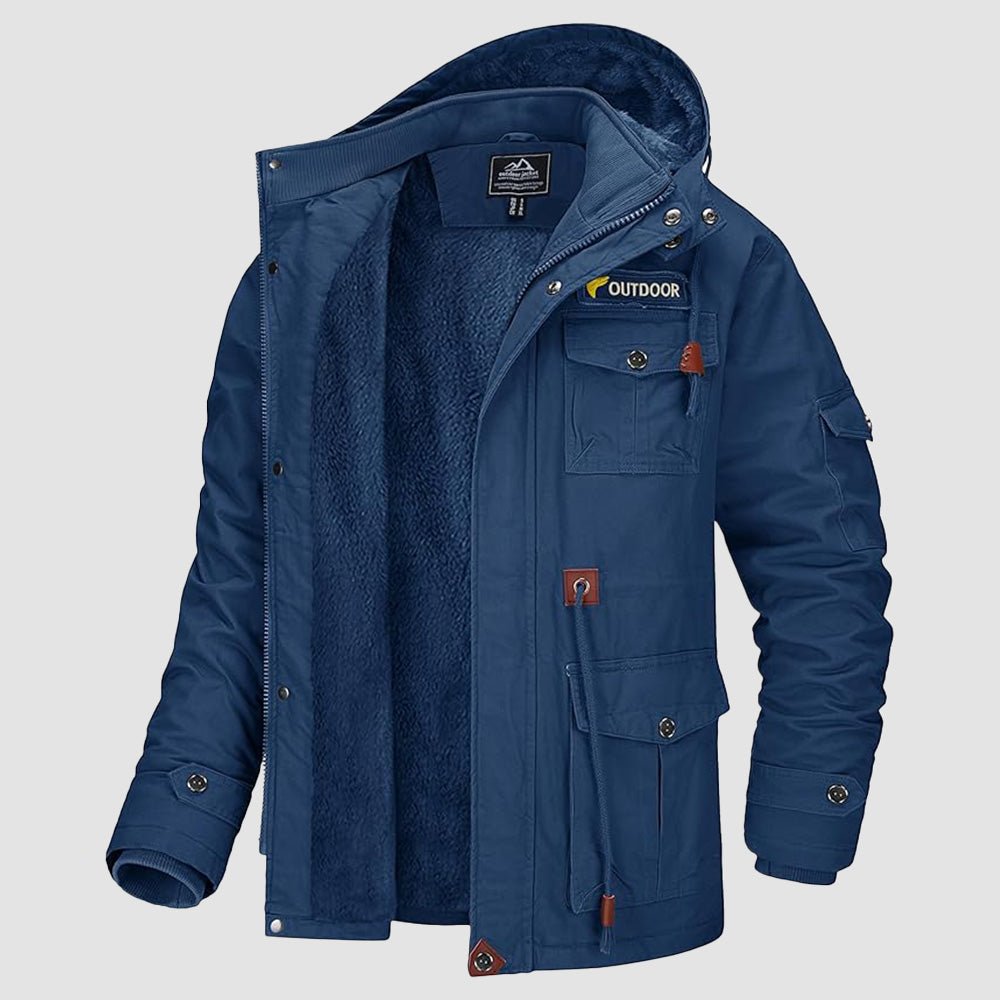 Men's olive green fleece-lined military parka winter jacket with deep utility pockets
