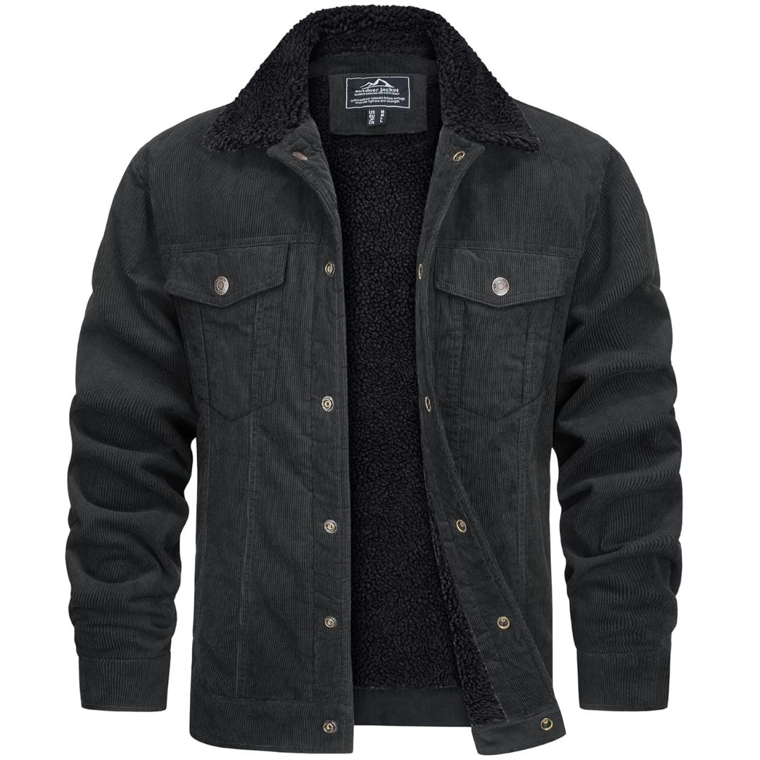 Men's brown corduroy jacket sherpa-lined with cargo pockets, warm winter coat for everyday style