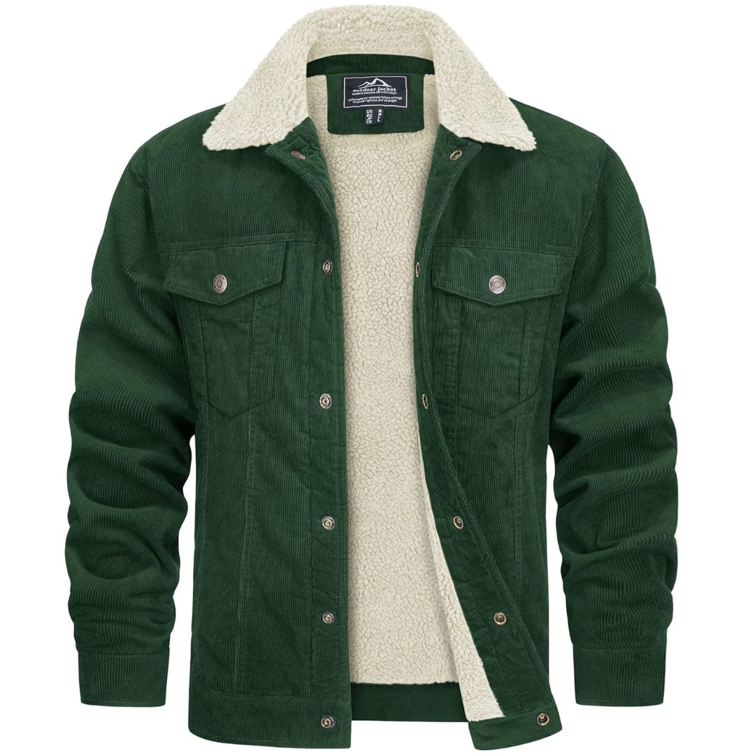 Men's brown corduroy jacket sherpa-lined with cargo pockets, warm winter coat for everyday style
