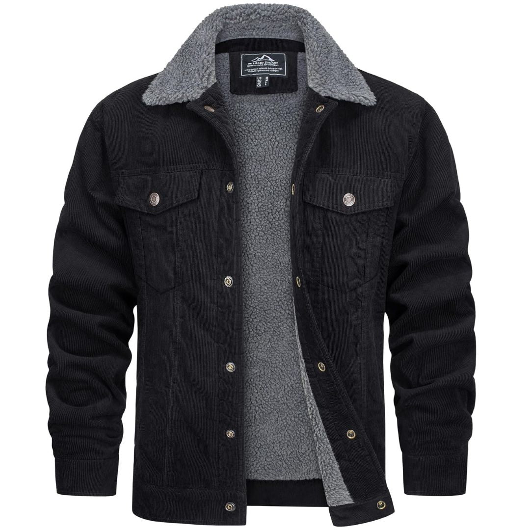 Men's brown corduroy jacket sherpa-lined with cargo pockets, warm winter coat for everyday style