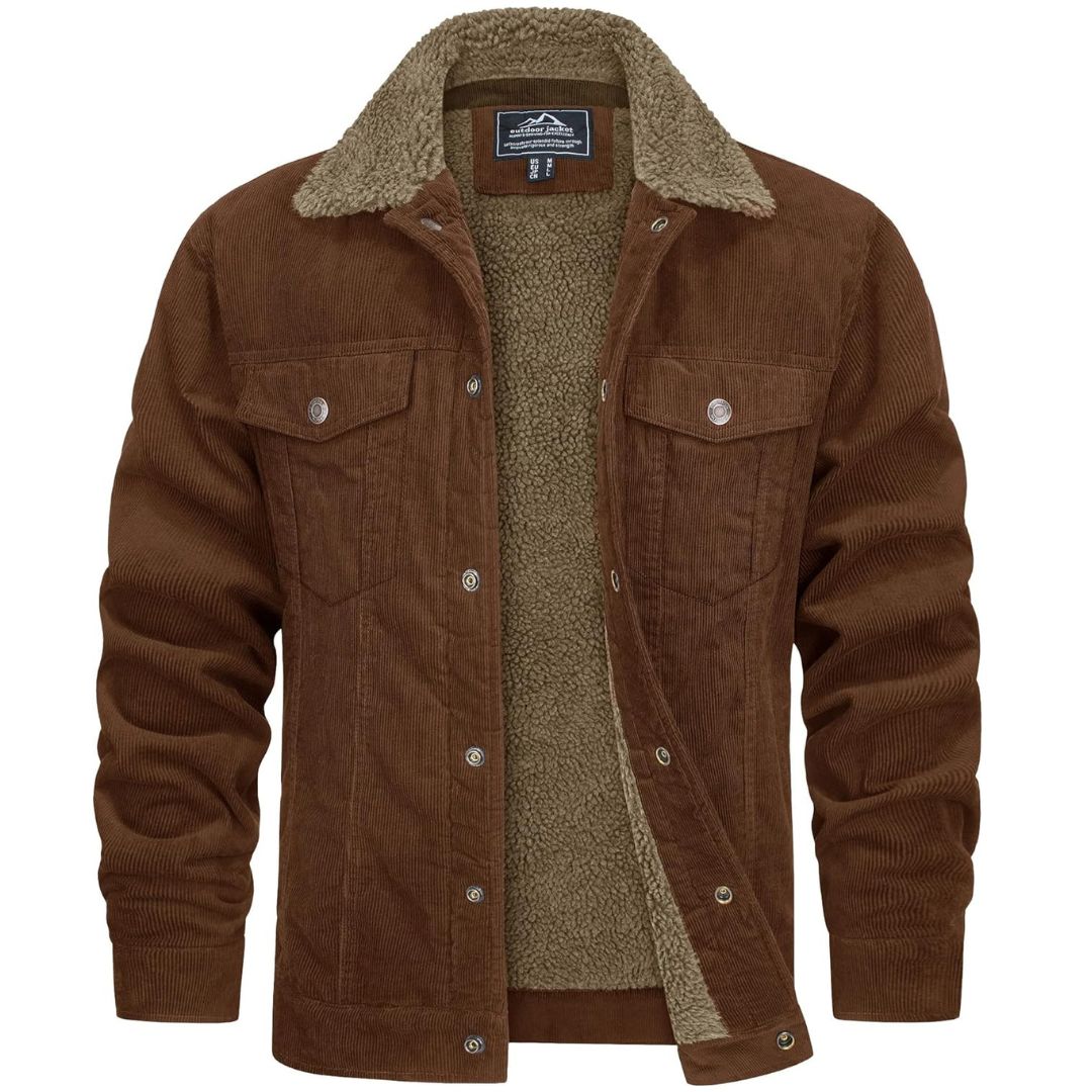 Men's brown corduroy jacket sherpa-lined winter coat with cargo pockets for everyday style