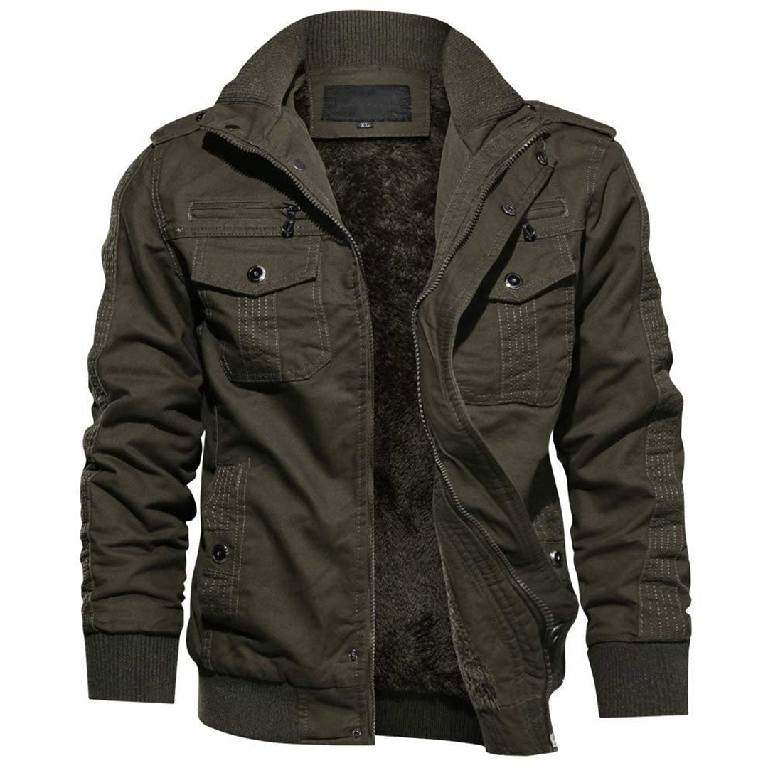 Men's olive tactical bomber jacket fleece-lined with zipper stand collar and shoulder straps