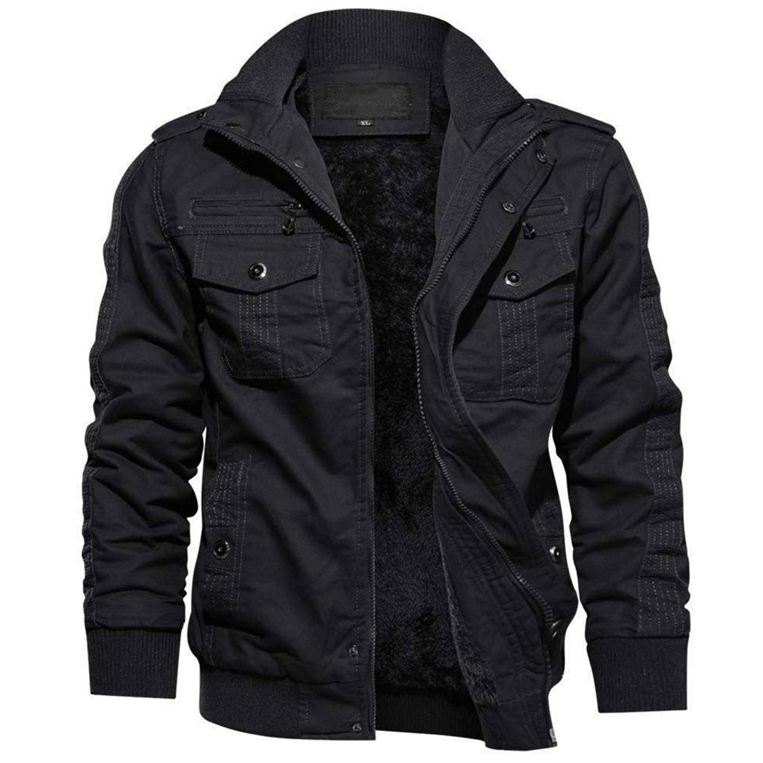 Men's black fleece-lined tactical bomber jacket with zipper stand collar and shoulder straps