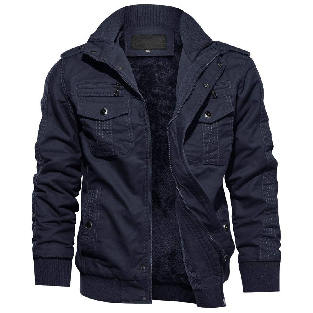 Men's olive tactical bomber jacket fleece-lined with zipper stand collar and shoulder straps