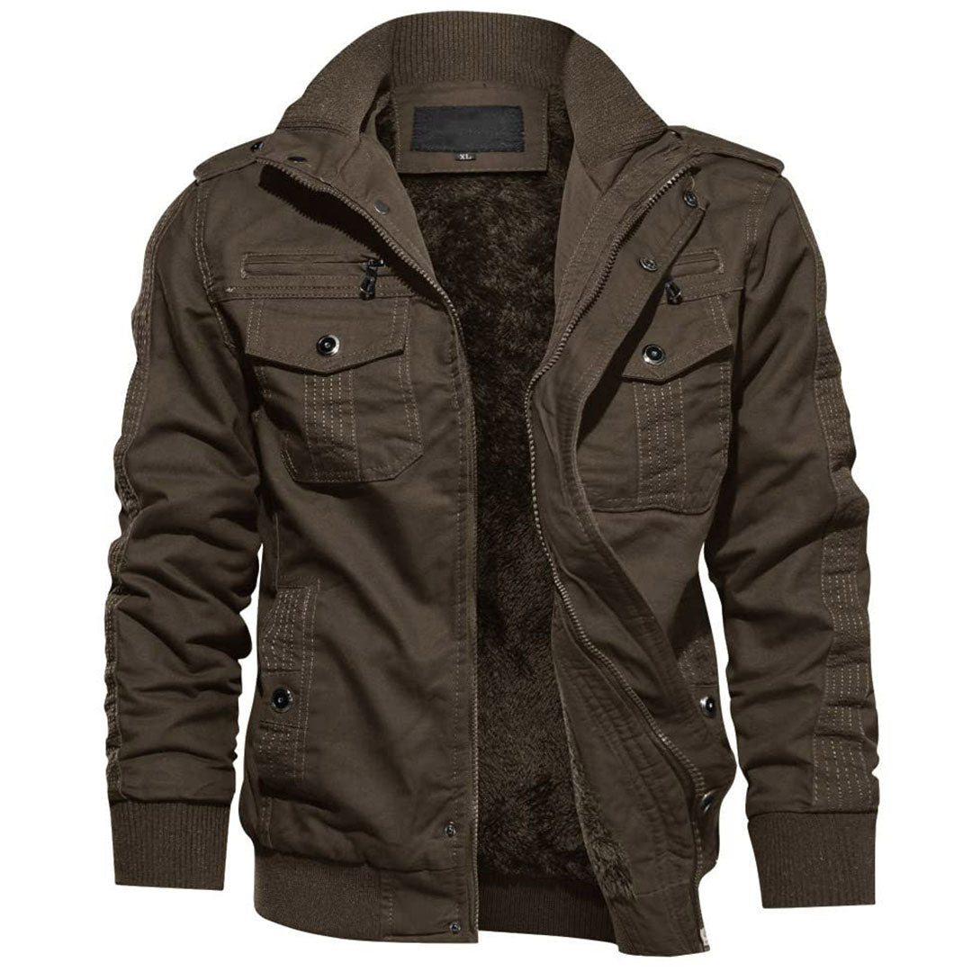 Men's olive tactical bomber jacket fleece lined with zipper stand collar and shoulder straps