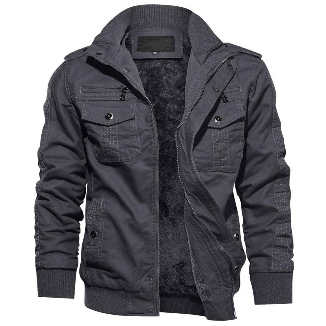 Men's olive tactical bomber jacket fleece-lined stand collar shoulder straps outdoor winter coat