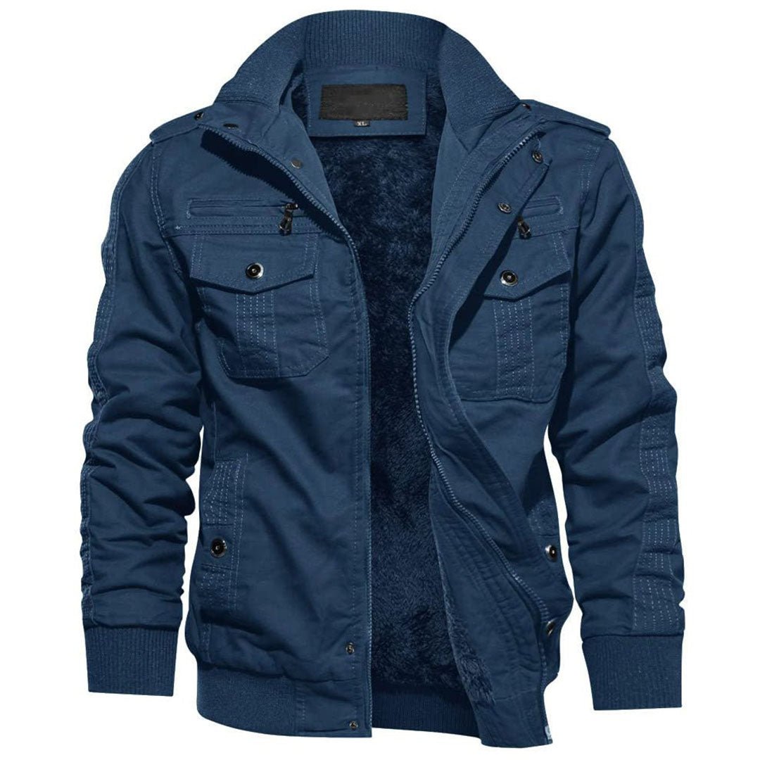 Men's olive green fleece lined tactical bomber jacket with zipper stand collar and shoulder straps