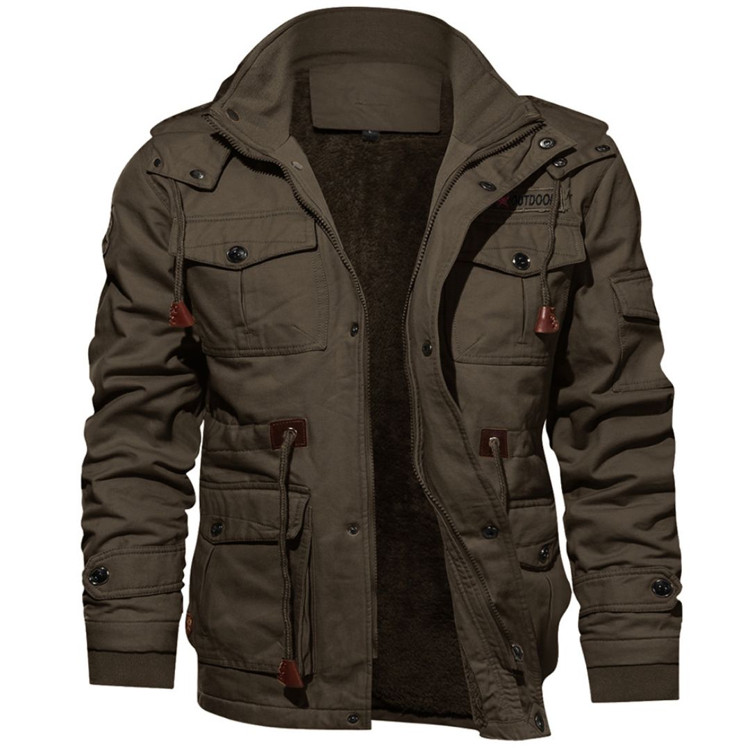 Men's fleece-lined hooded cargo jacket windproof winter coat with multiple pockets