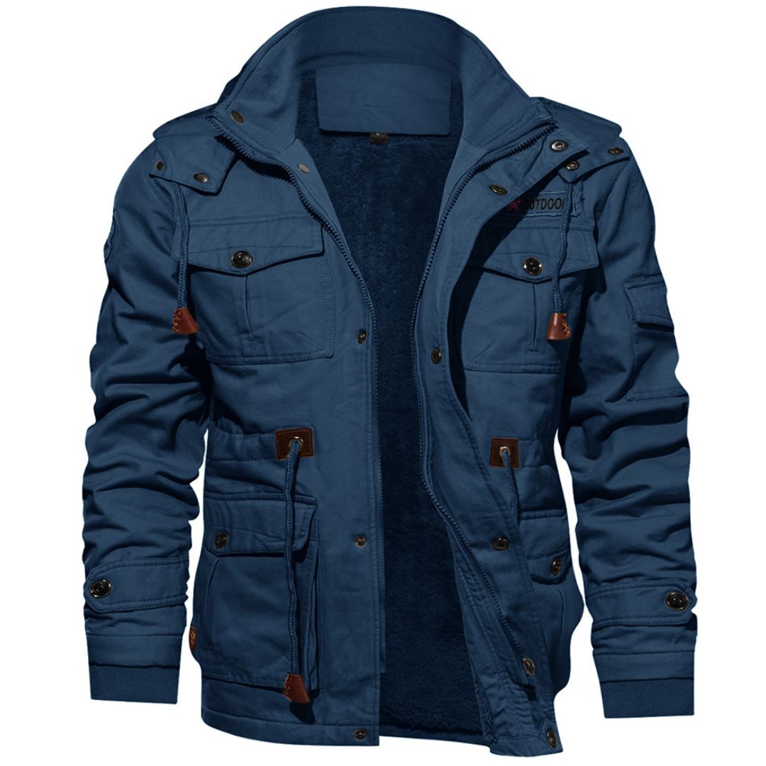 Men's fleece-lined hooded cargo jacket windproof winter coat with multiple pockets