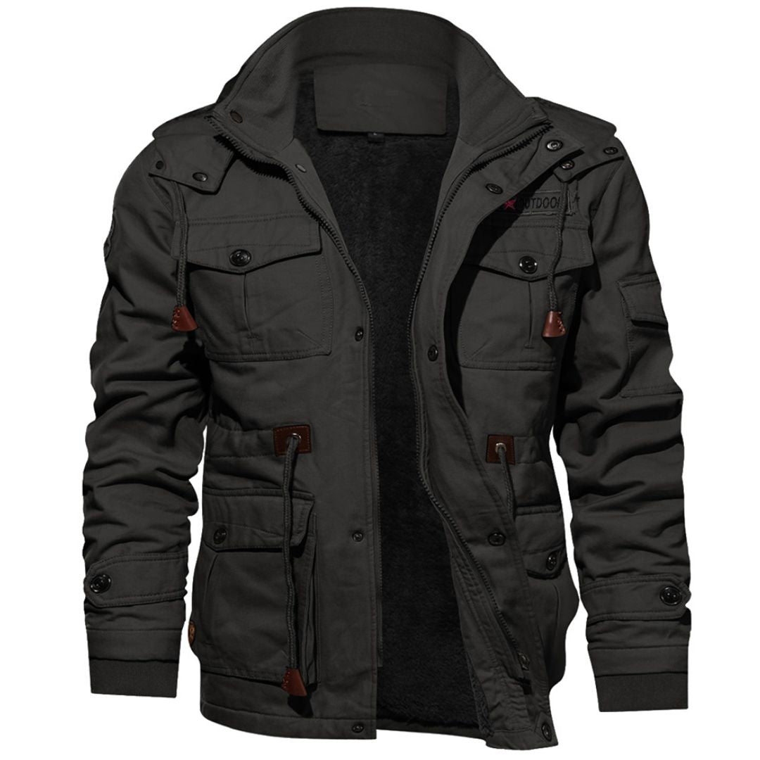 Men's fleece-lined hooded cargo jacket windproof winter coat with multiple pockets